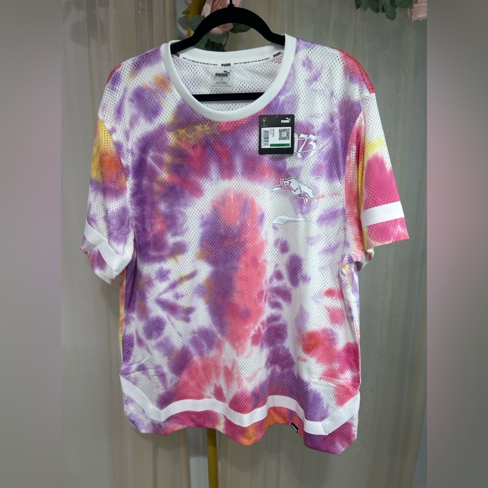 Puma Tie Dye Mesh Jersey Shirt Pink Purple Yellow NWT Large